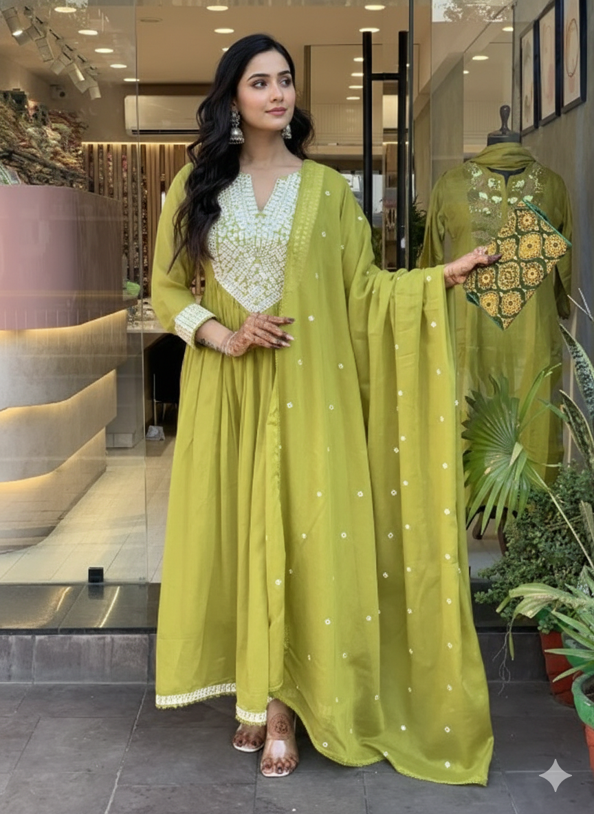 Green Embroidered Anarkali Salwar Suit Set | Beautiful 3-piece set with elegant sequence mirror work