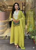 Green Embroidered Anarkali Salwar Suit Set | Beautiful 3-piece set with elegant sequence mirror work