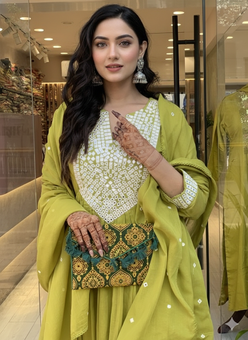 Green Embroidered Anarkali Salwar Suit Set | Beautiful 3-piece set with elegant sequence mirror work