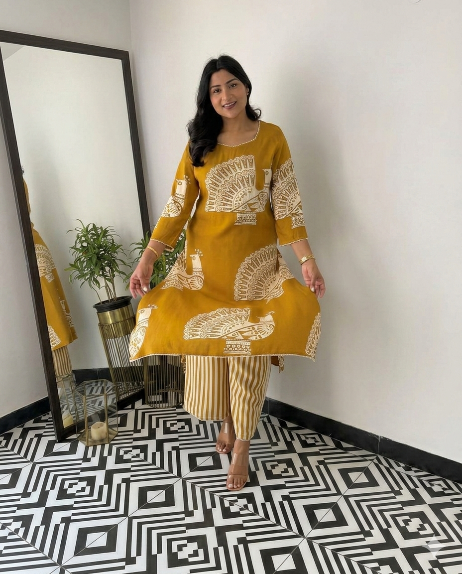 Mustard Yellow & Wine Co-Ord Set for Women | Kurta and Pant Set