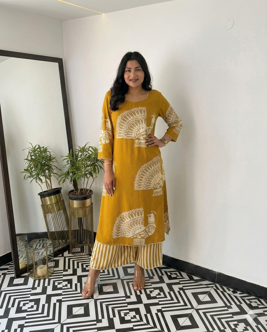Mustard Yellow & Wine Co-Ord Set for Women | Kurta and Pant Set