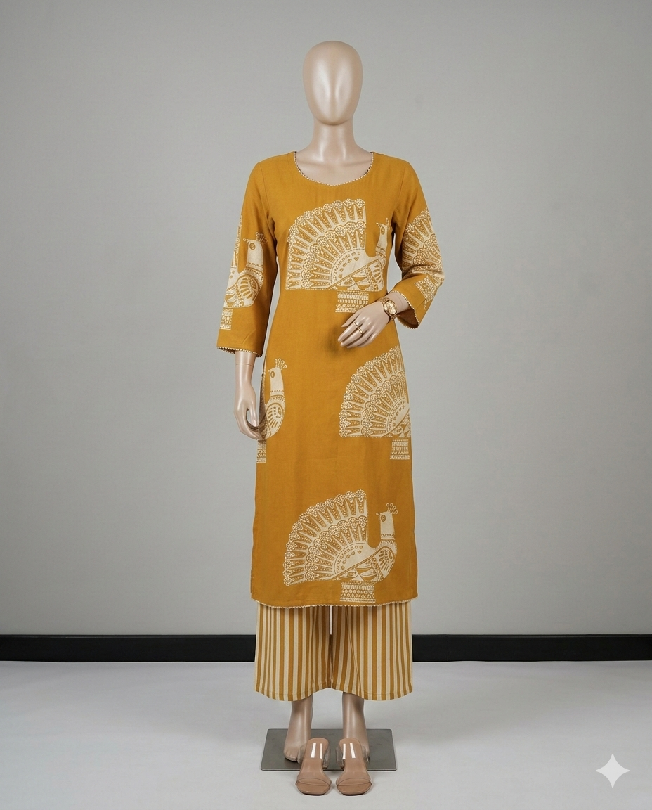 Mustard Yellow & Wine Co-Ord Set for Women | Kurta and Pant Set
