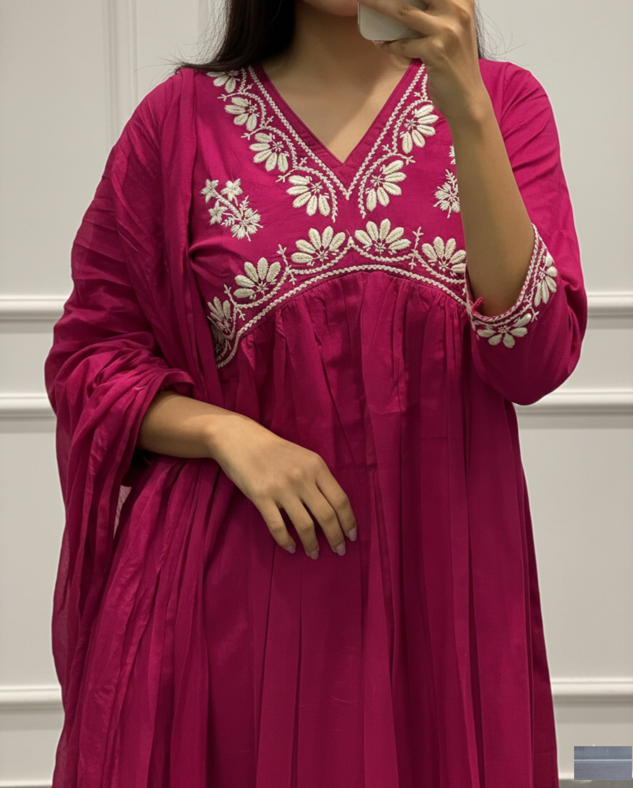 Pink Floral Yoke Design V Neck Kurti | Aliya Style Embroidered Kurta Set