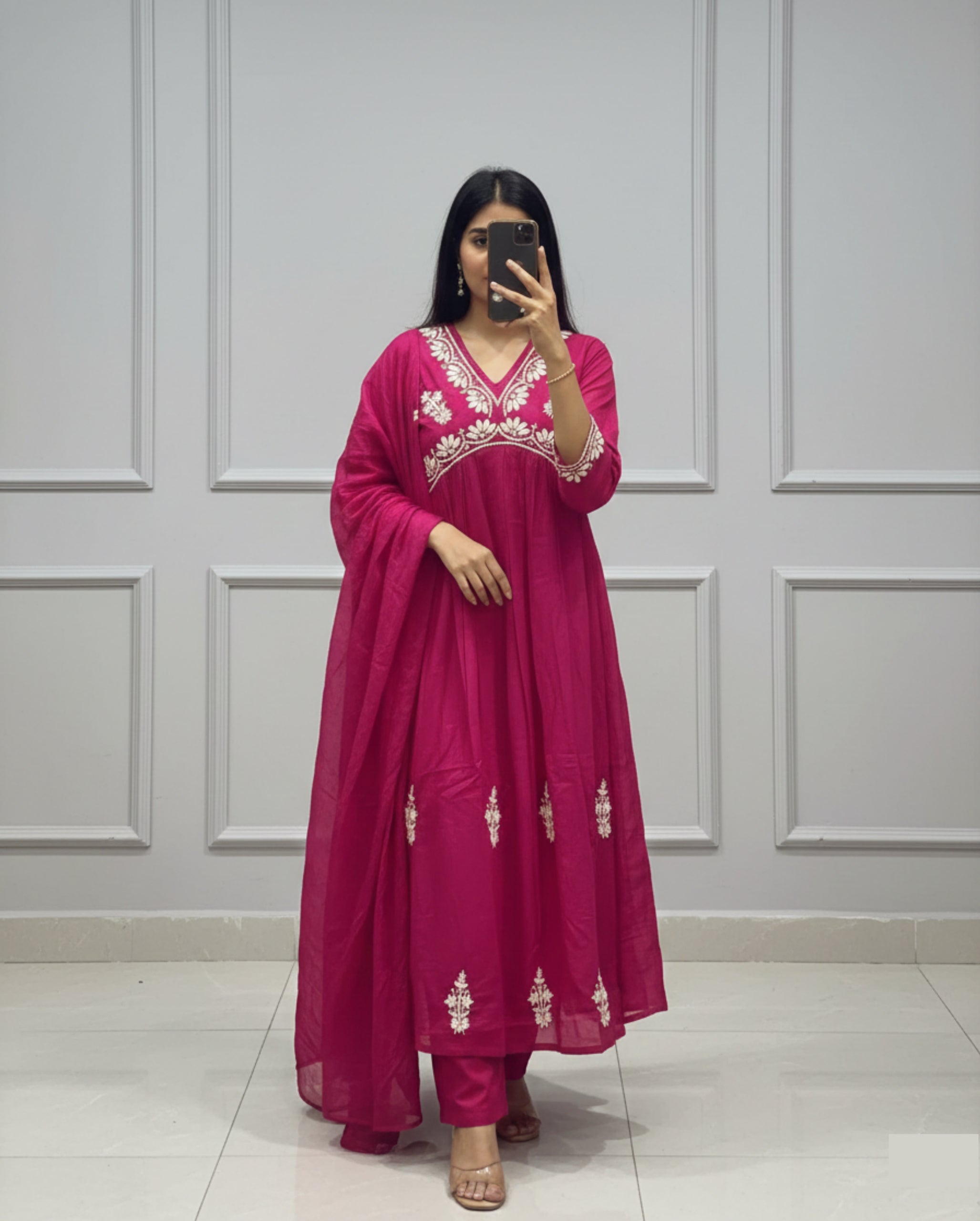 Pink Floral Yoke Design V Neck Kurti | Aliya Style Embroidered Kurta Set