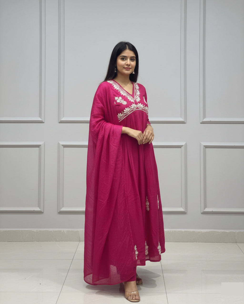 Pink Floral Yoke Design V Neck Kurti | Aliya Style Embroidered Kurta Set