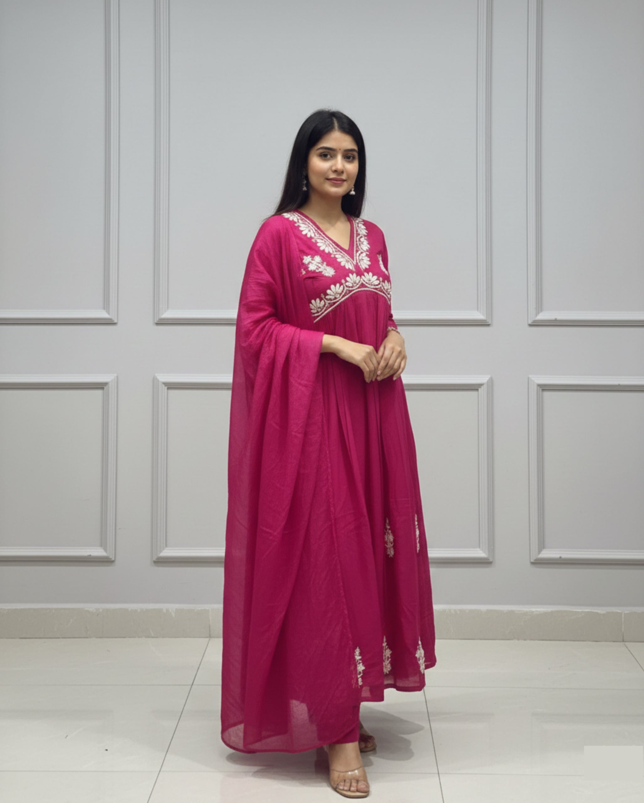 Pink Floral Yoke Design V Neck Kurti | Aliya Style Embroidered Kurta Set