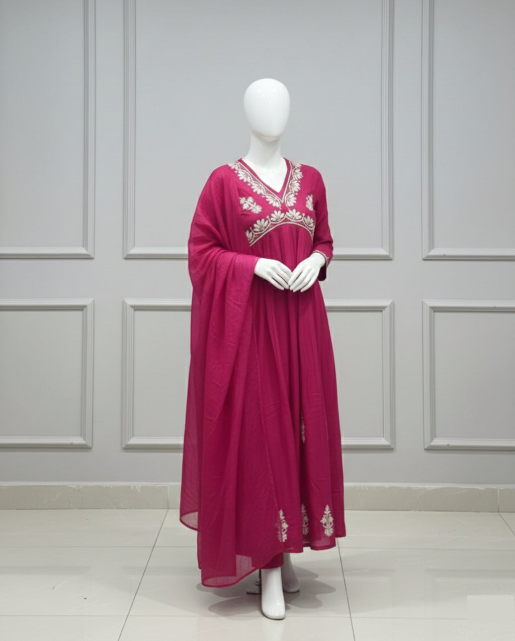 Pink Floral Yoke Design V Neck Kurti | Aliya Style Embroidered Kurta Set