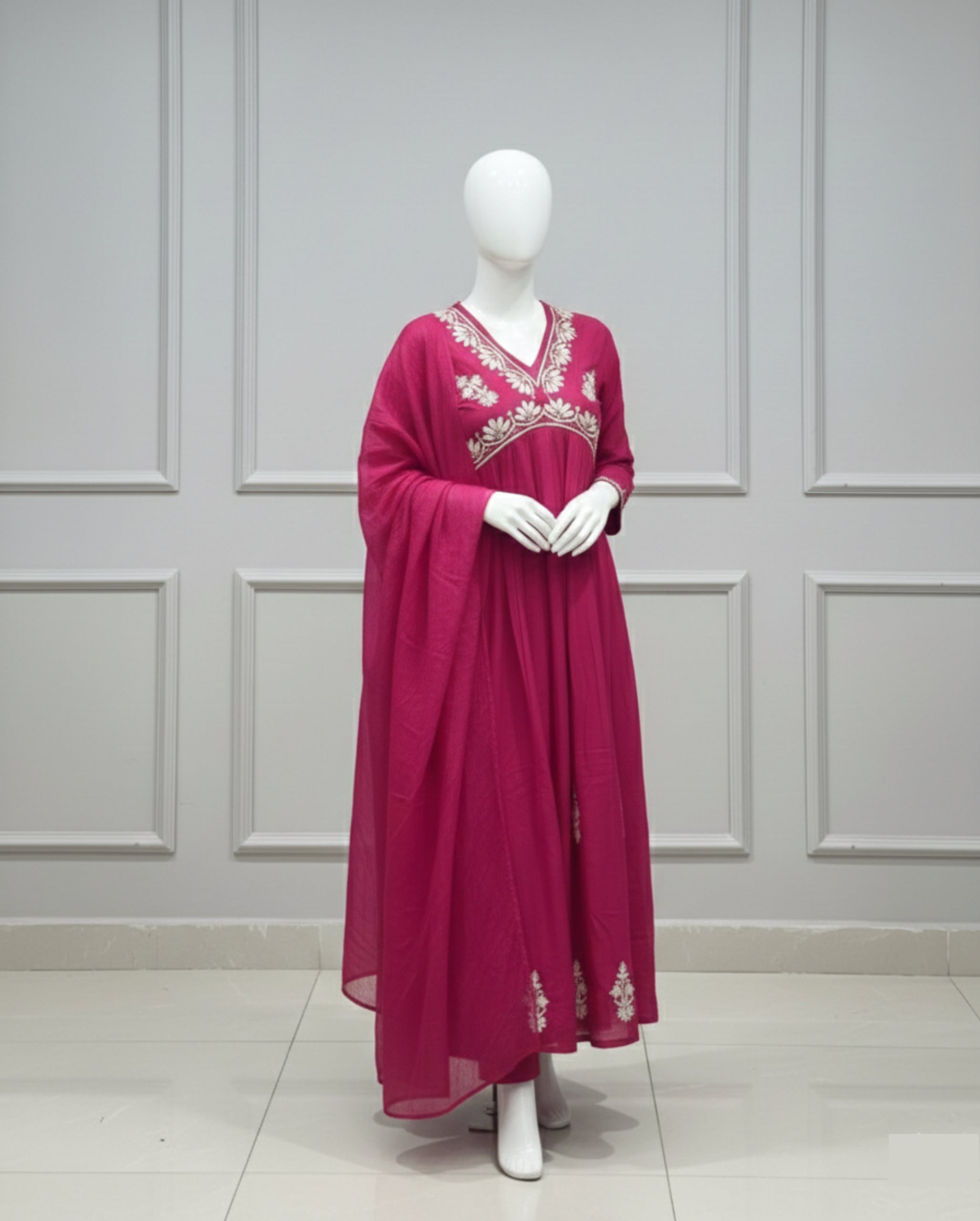 Pink Floral Yoke Design V Neck Kurti | Aliya Style Embroidered Kurta Set