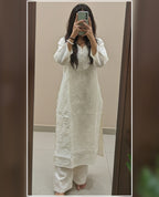 Elegant White Chanderi Kurti Pant Set | Women Ethnic Set