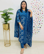 Premium Ajrakh Cotton 3-Piece Suit | Women Kurti Pant attached Dupatta 