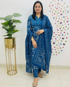 Premium Ajrakh Cotton 3-Piece Suit | Women Kurti Pant attached Dupatta 