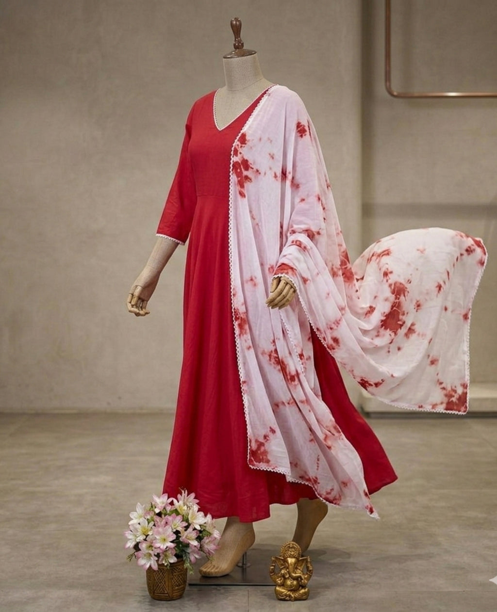 Designer Anarkali Gown with Chiffon Shibori Dupatta | 3 Pcs Suit