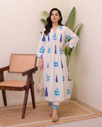 White Blue/Red Handblock Printed Premium Cotton Kurta Set for Women
