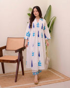 White Blue/Red Handblock Printed Premium Cotton Kurta Set for Women
