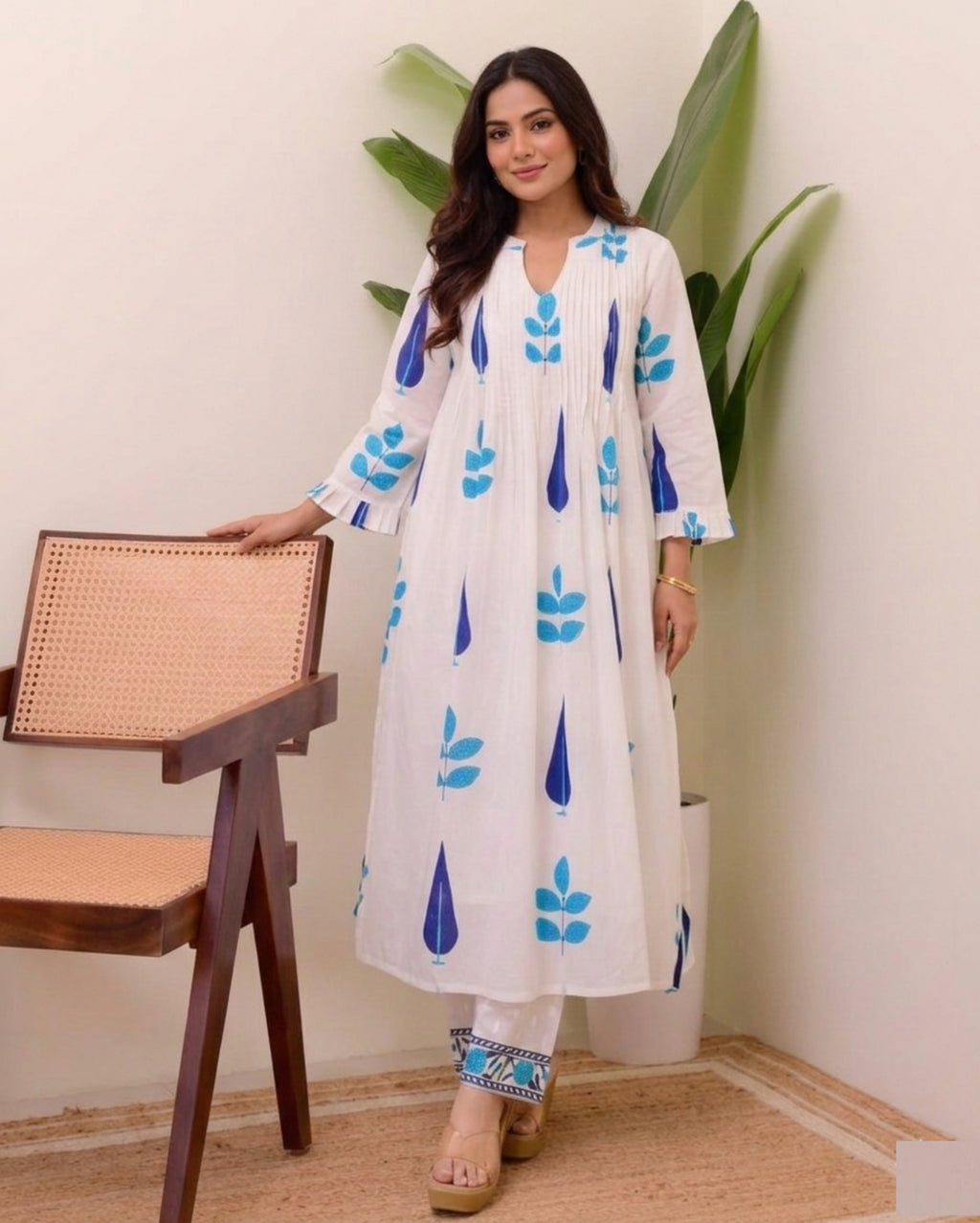 White Blue/Red Handblock Printed Premium Cotton Kurta Set for Women