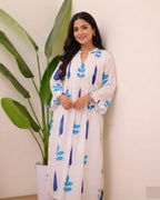 White Blue/Red Handblock Printed Premium Cotton Kurta Set for Women