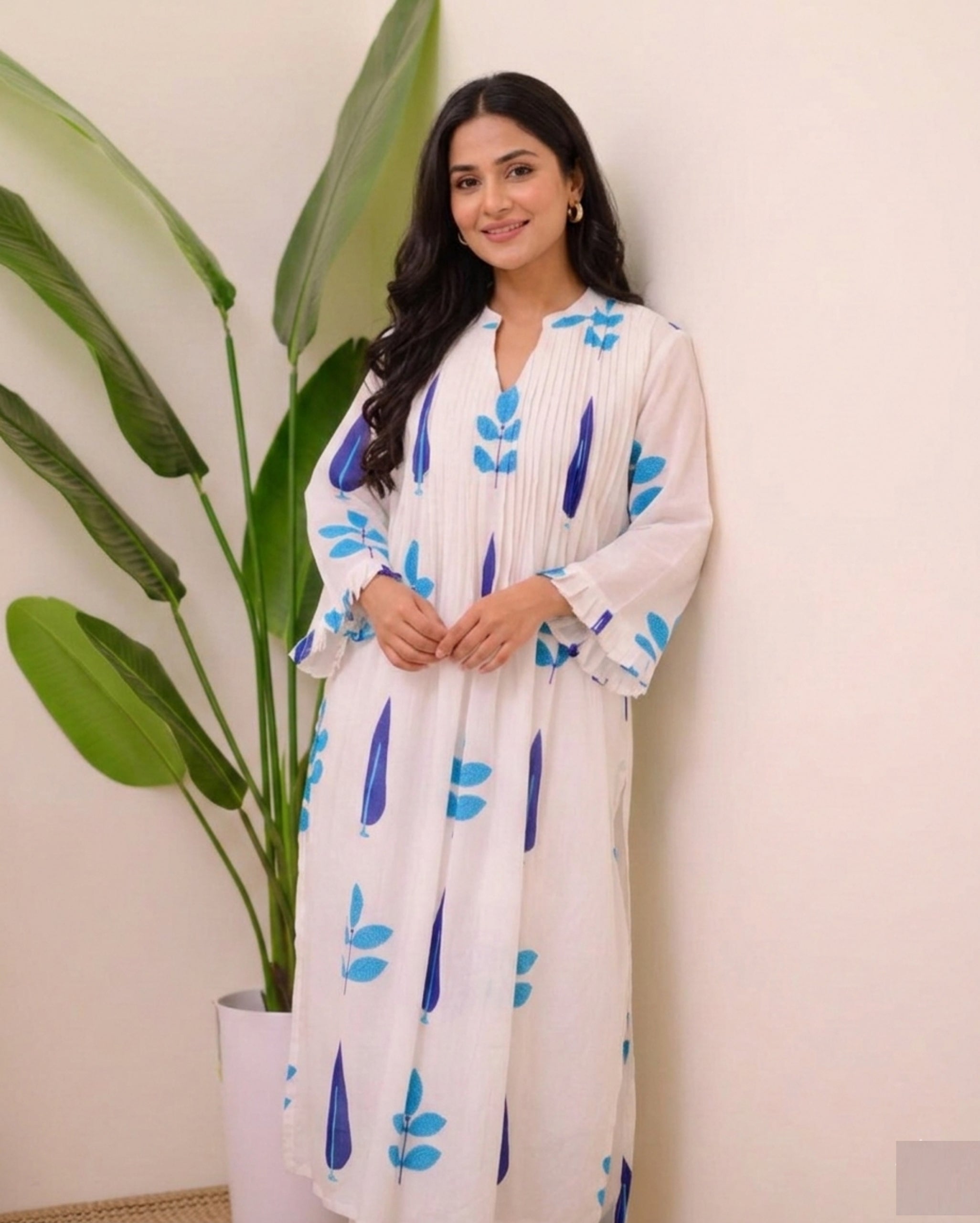 White Blue/Red Handblock Printed Premium Cotton Kurta Set for Women