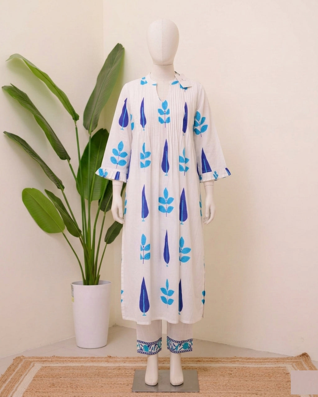 White Blue/Red Handblock Printed Premium Cotton Kurta Set for Women