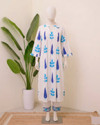 White Blue/Red Handblock Printed Premium Cotton Kurta Set for Women