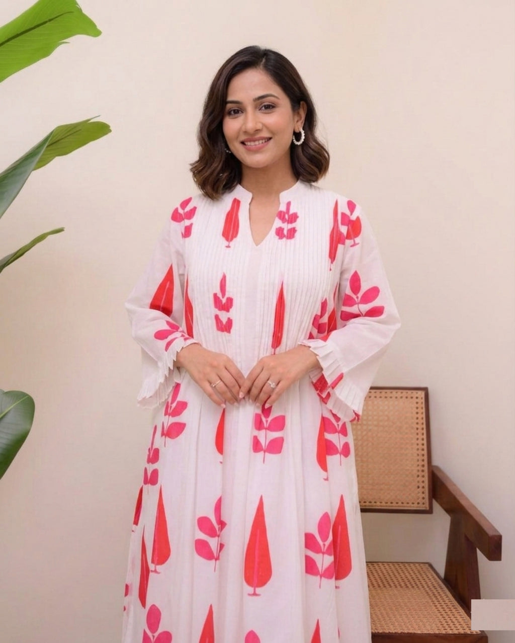 White Blue/Red Handblock Printed Premium Cotton Kurta Set for Women