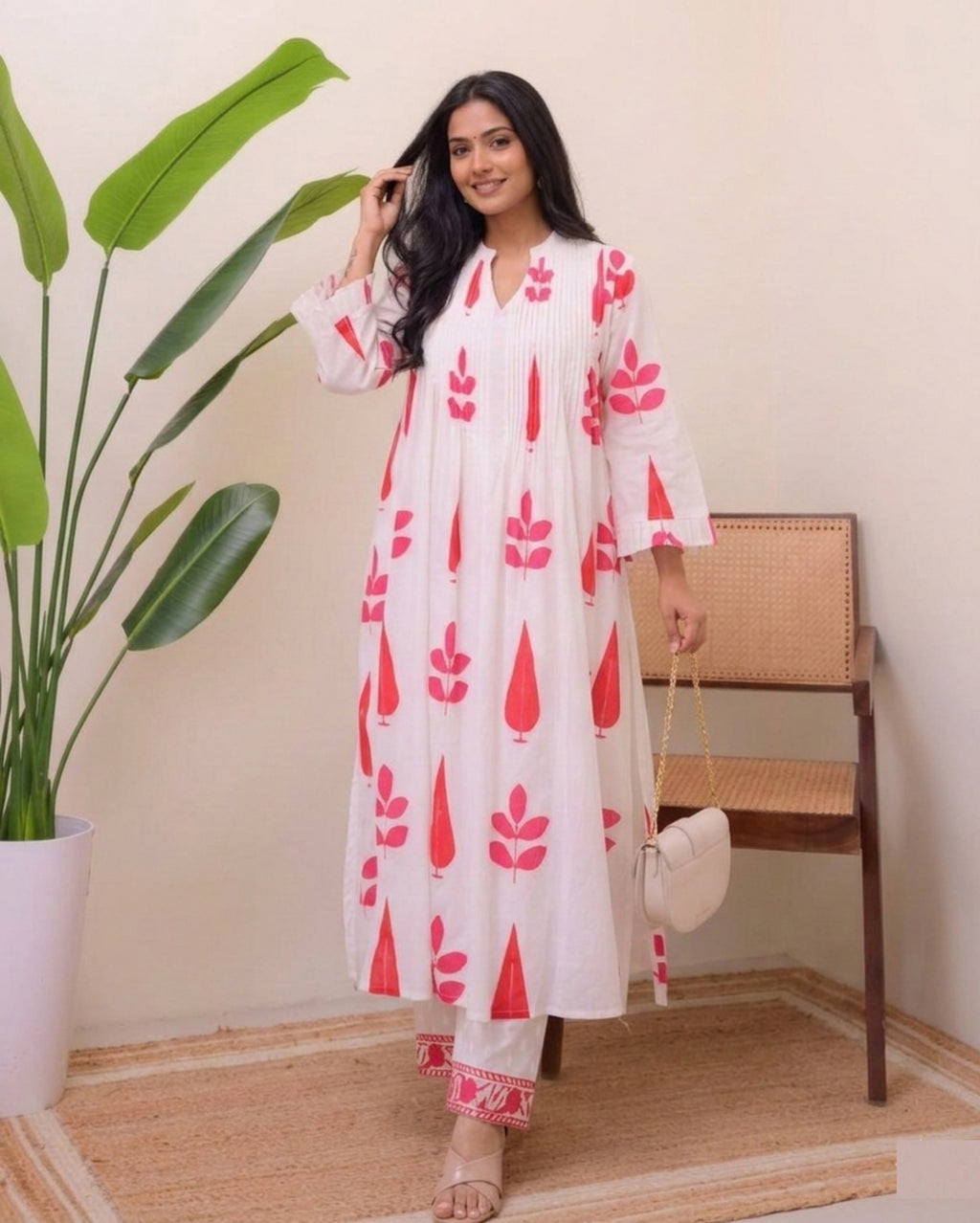 White Blue/Red Handblock Printed Premium Cotton Kurta Set for Women