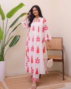 White Blue/Red Handblock Printed Premium Cotton Kurta Set for Women