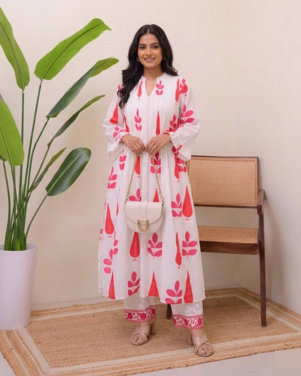 White Blue/Red Handblock Printed Premium Cotton Kurta Set for Women