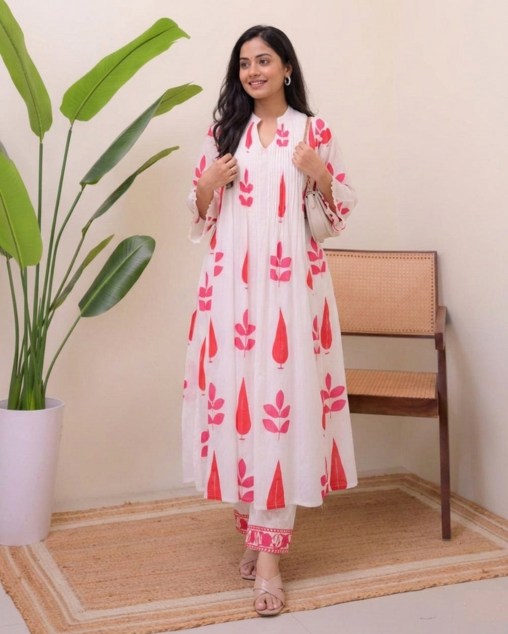 White Blue/Red Handblock Printed Premium Cotton Kurta Set for Women