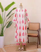 White Blue/Red Handblock Printed Premium Cotton Kurta Set for Women
