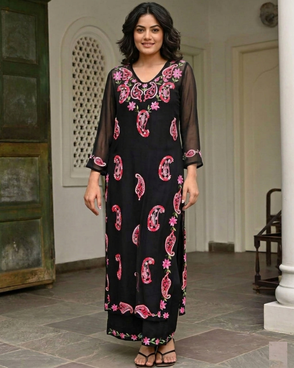 Exclusive Lucknowi Chikankari Aari Work | Women's Kurta and Pant Set