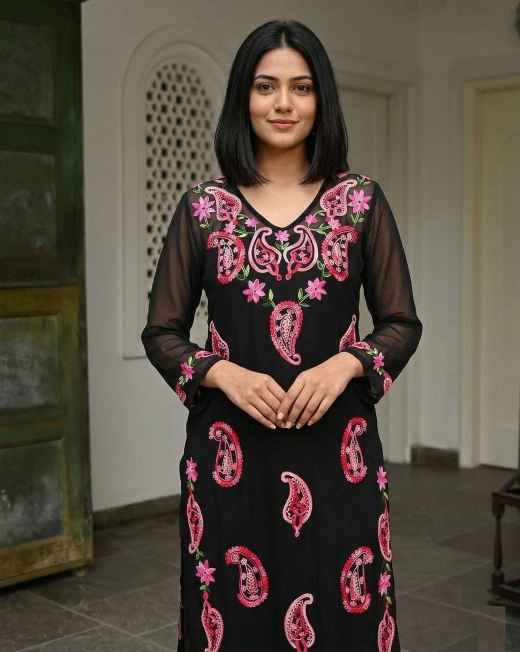 Exclusive Lucknowi Chikankari Aari Work | Women's Kurta and Pant Set