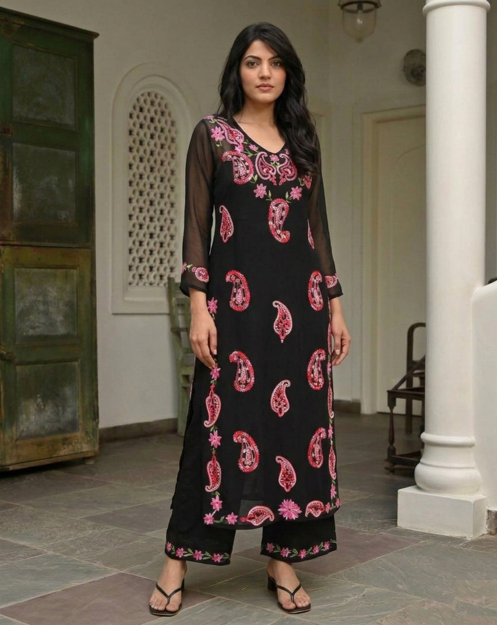 Exclusive Lucknowi Chikankari Aari Work | Women's Kurta and Pant Set