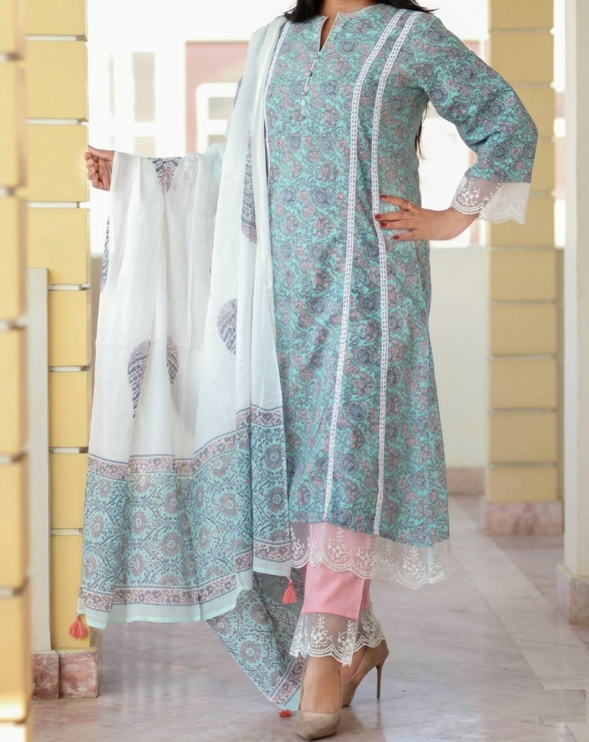 Beautiful Pakistani A-line Rayon Cotton | 3 Piece Suit Set