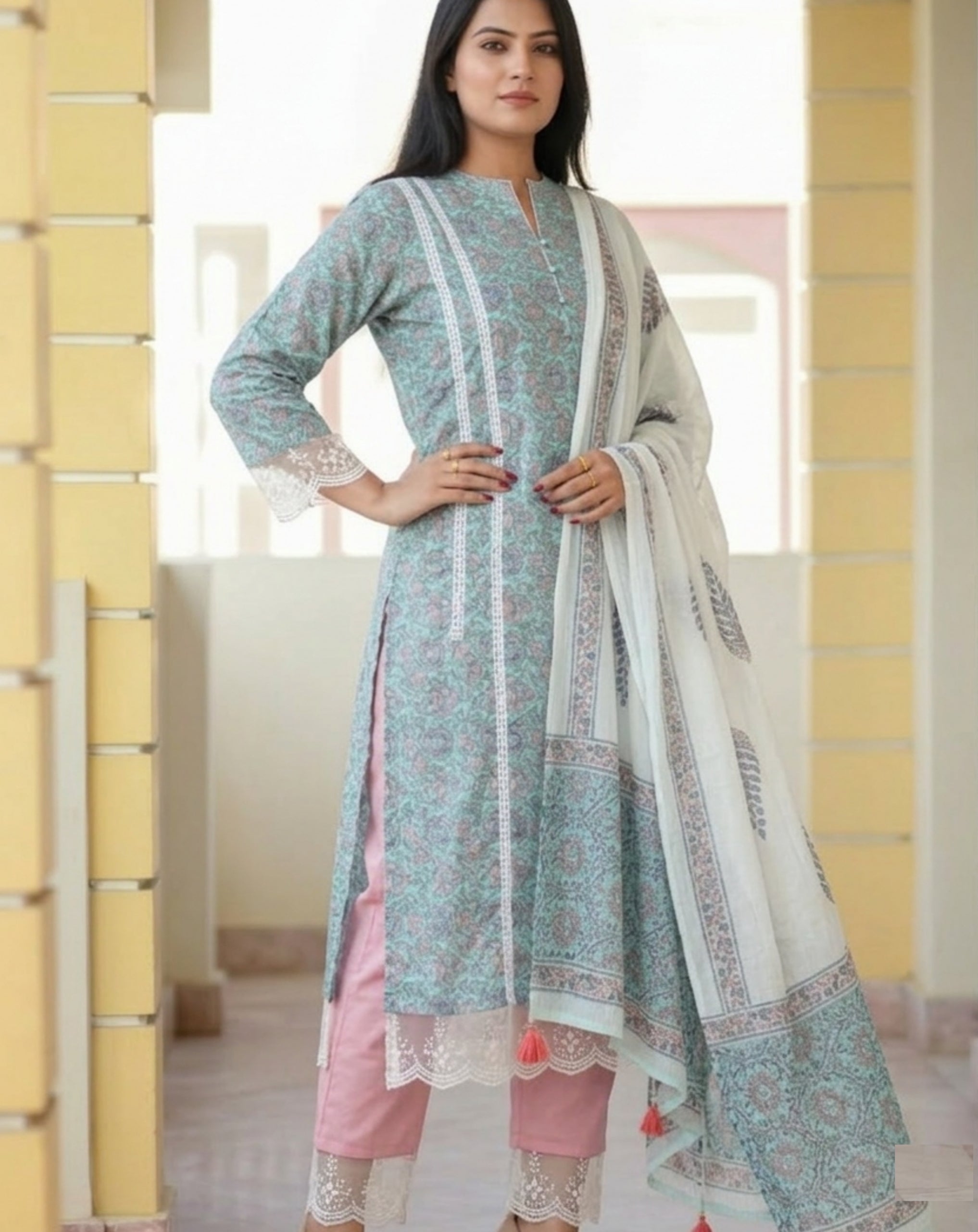Beautiful Pakistani A-line Rayon Cotton | 3 Piece Suit Set