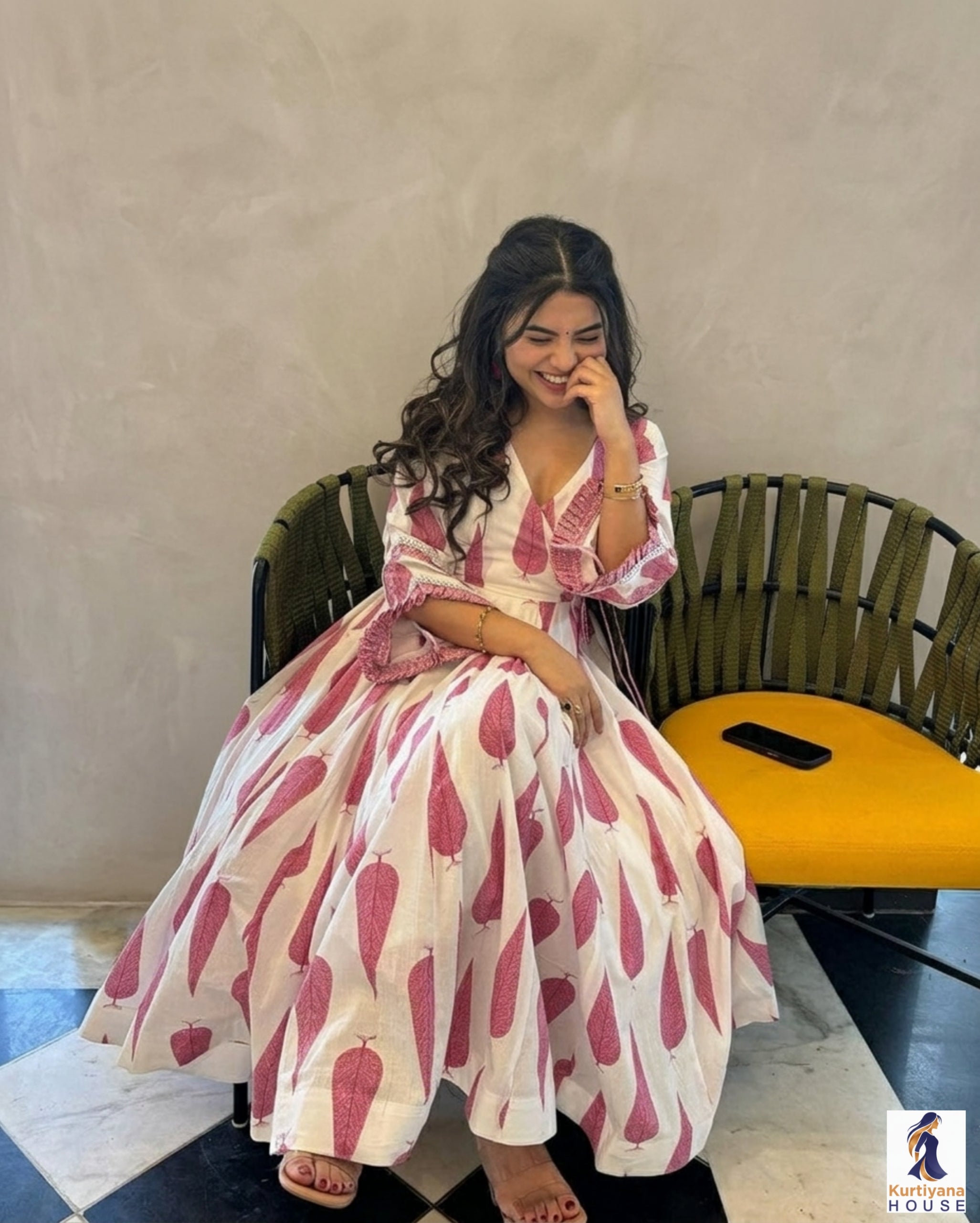 Leaf Printed Pure Cotton Gown Kurta | Full Kali Cotton Gown