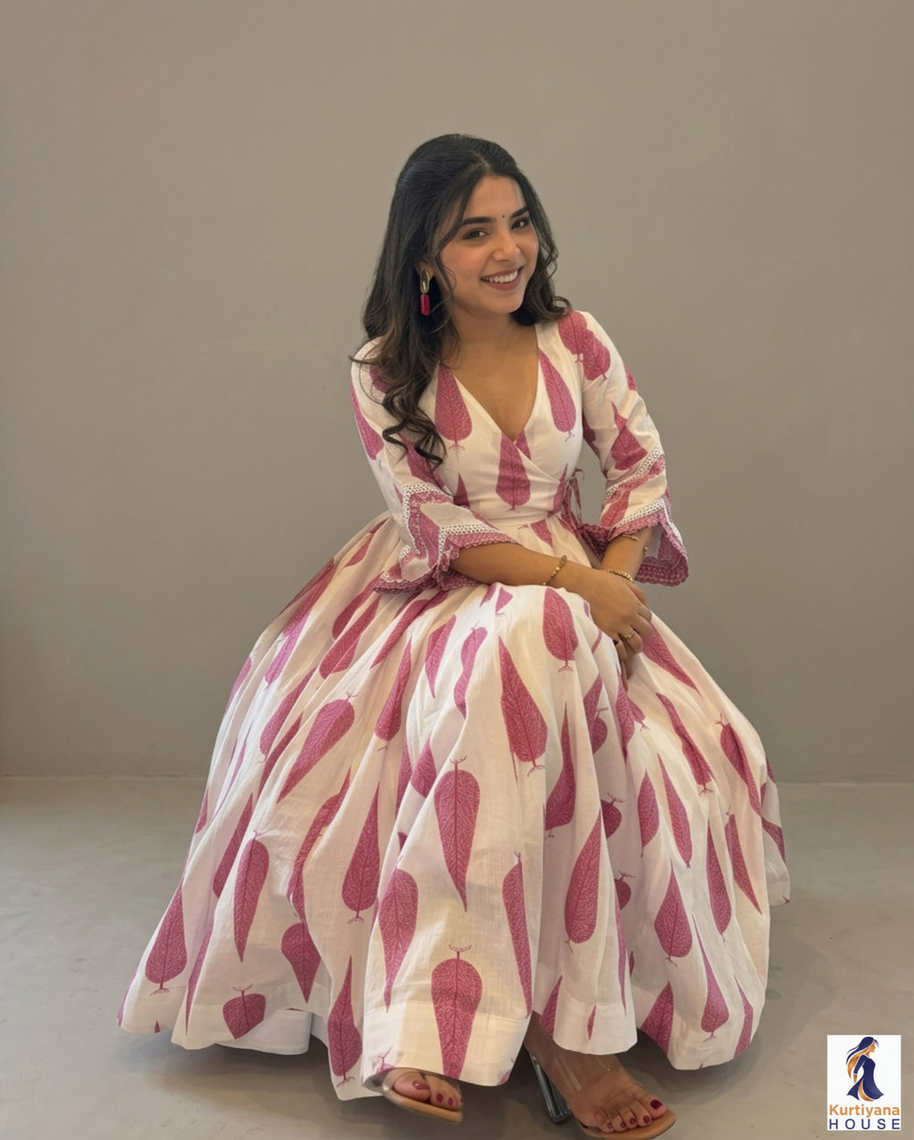 Leaf Printed Pure Cotton Gown Kurta | Full Kali Cotton Gown