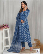Angrakha Pattern Cotton Kurti Set | Floral Print 3 Piece Suit Set