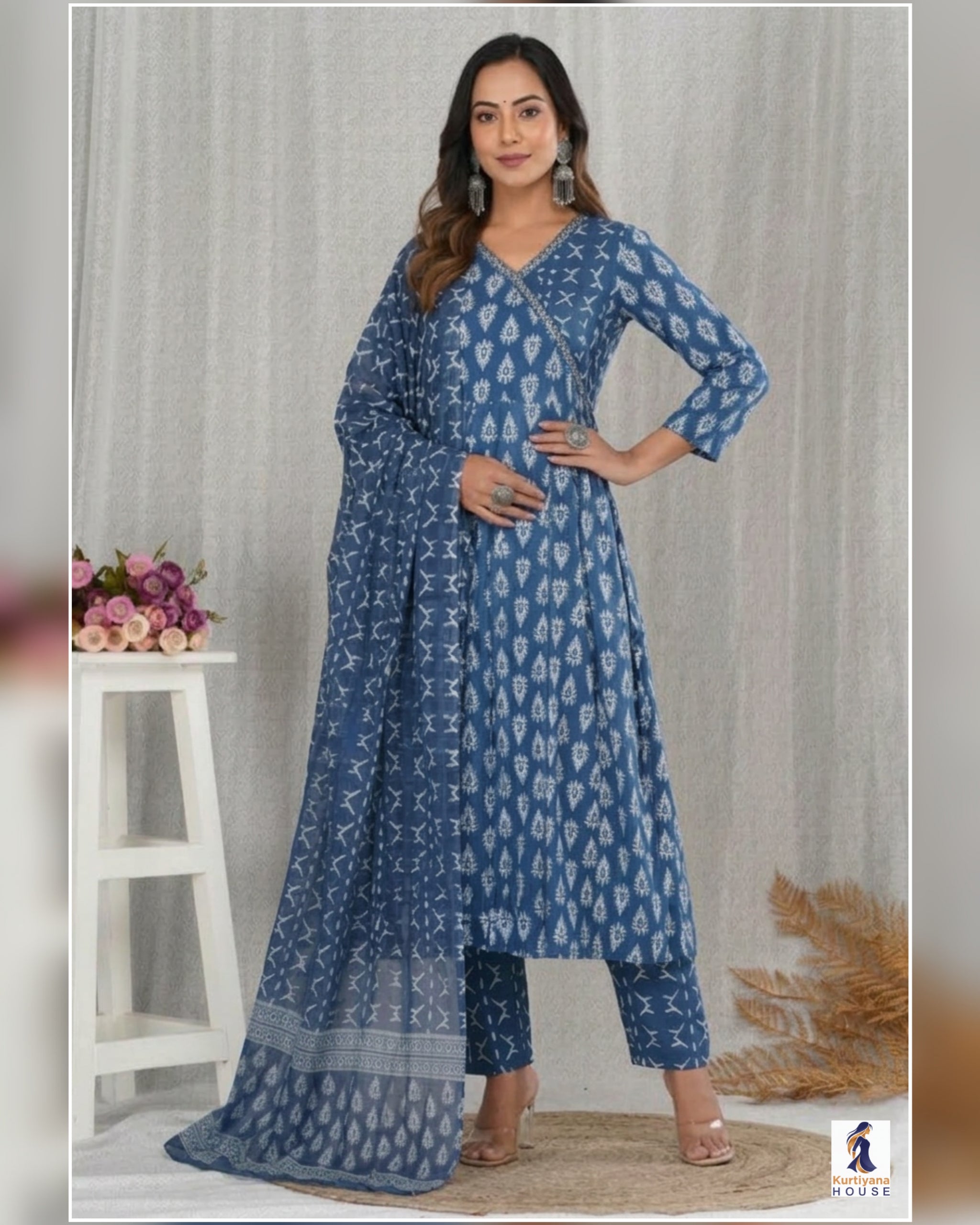 Angrakha Pattern Cotton Kurti Set | Floral Print 3 Piece Suit Set