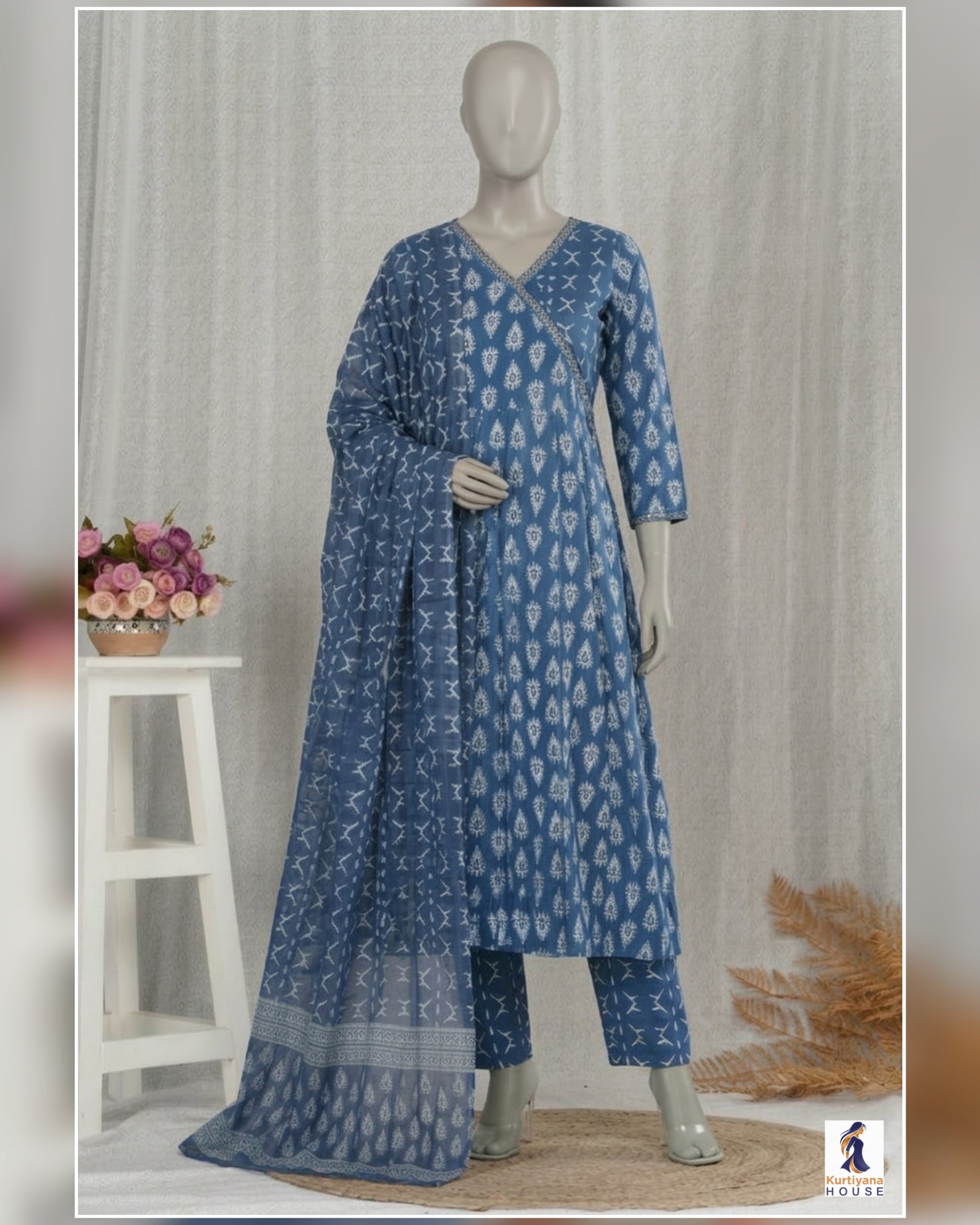 Angrakha Pattern Cotton Kurti Set | Floral Print 3 Piece Suit Set