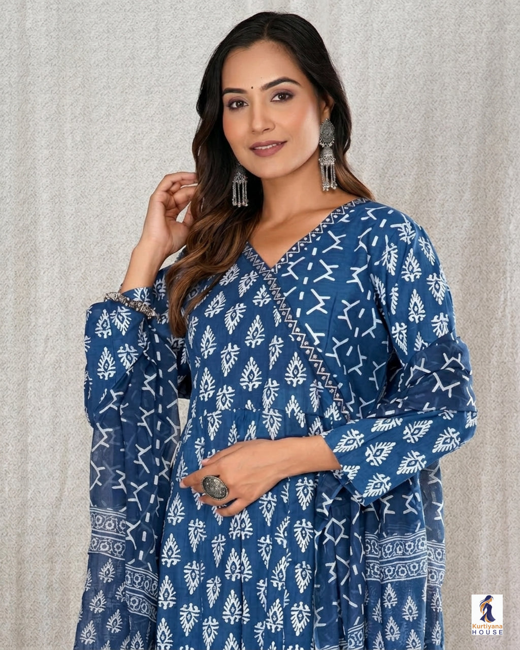Angrakha Pattern Cotton Kurti Set | Floral Print 3 Piece Suit Set