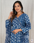 Angrakha Pattern Cotton Kurti Set | Floral Print 3 Piece Suit Set