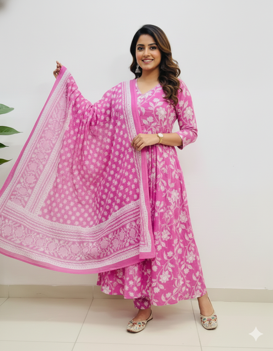 Premium Cotton Anarkali Suit Set With Printed Dupatta I New rending 3 Piece Set