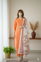 Hand-Embroidered Cotton Set with Sheer Dupatta I Modern Twist with Trending Design I Womens Kurti Set