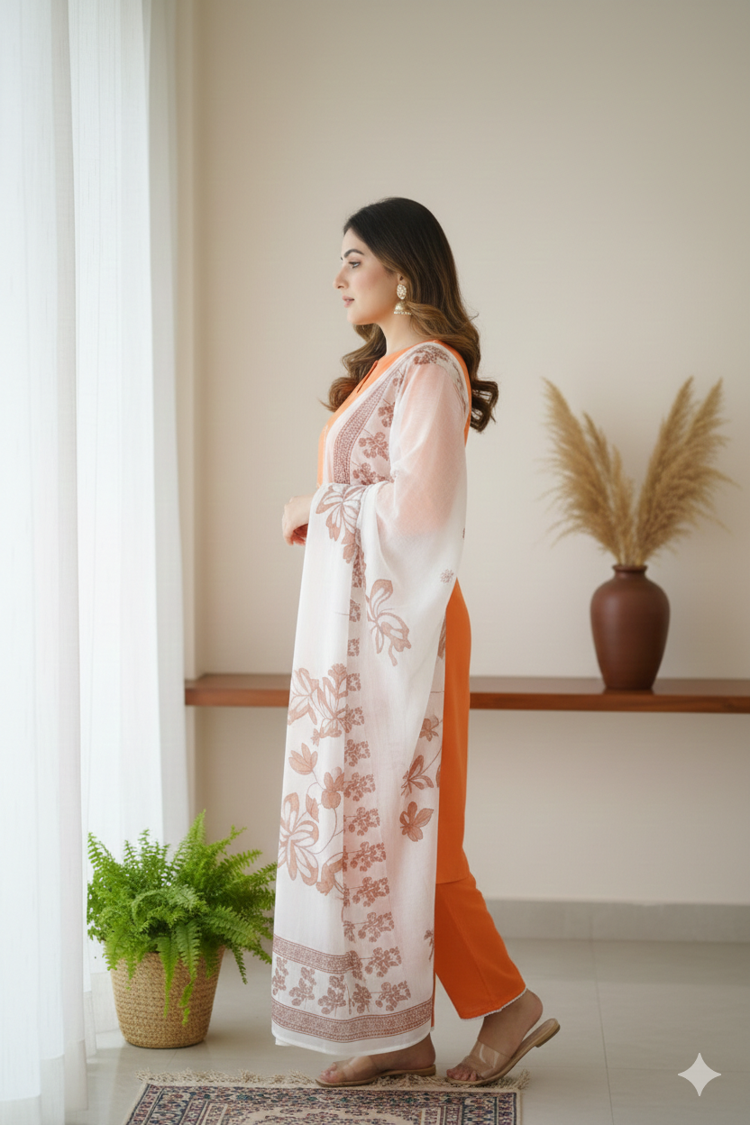 Hand-Embroidered Cotton Set with Sheer Dupatta I Modern Twist with Trending Design I Womens Kurti Set