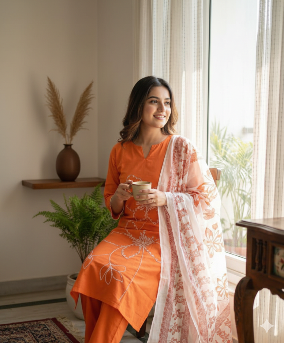 Hand-Embroidered Cotton Set with Sheer Dupatta I Modern Twist with Trending Design I Womens Kurti Set