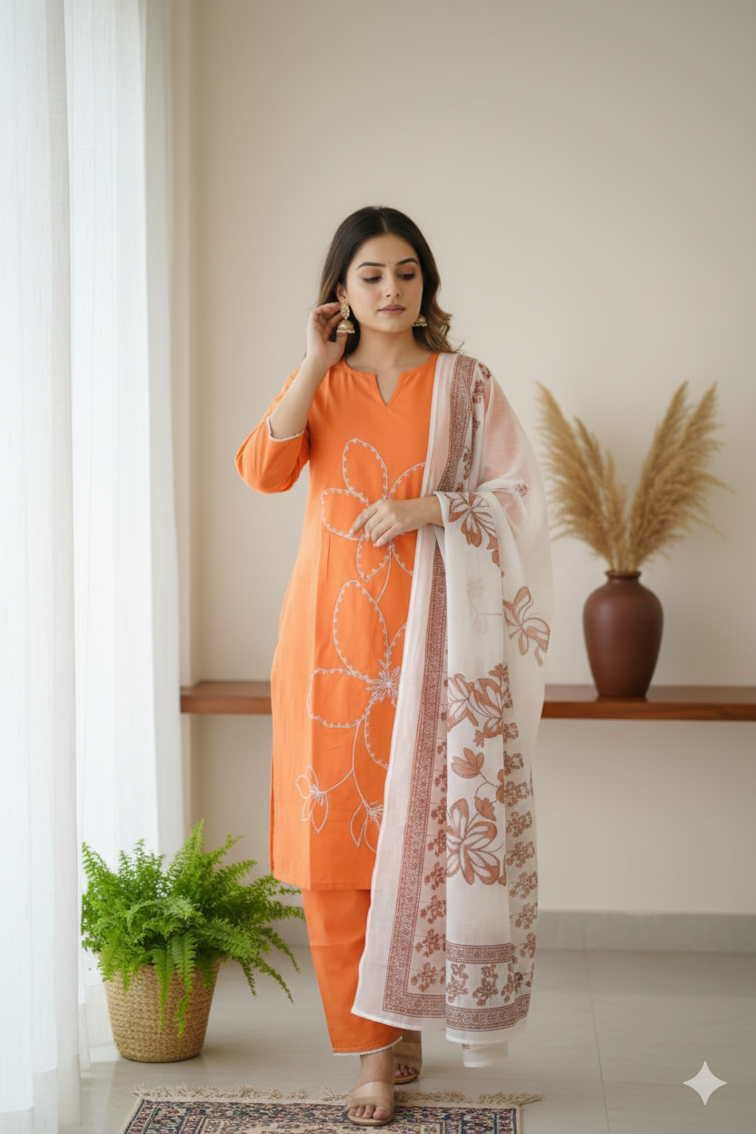 Hand-Embroidered Cotton Set with Sheer Dupatta I Modern Twist with Trending Design I Womens Kurti Set