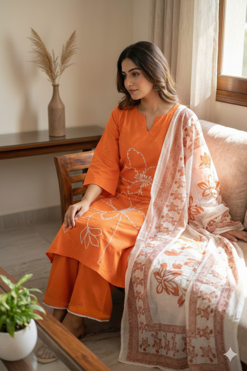Hand-Embroidered Cotton Set with Sheer Dupatta I Modern Twist with Trending Design I Womens Kurti Set