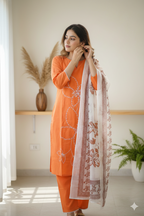 Hand-Embroidered Cotton Set with Sheer Dupatta I Modern Twist with Trending Design I Womens Kurti Set
