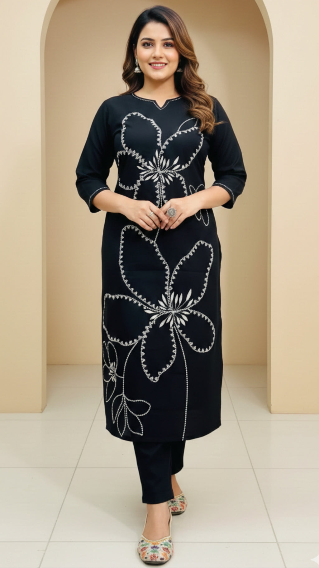 Green and Black Heavy Embroidery Cord Set | Women Floral Embroidered Thread Work Kurta with Palazzos