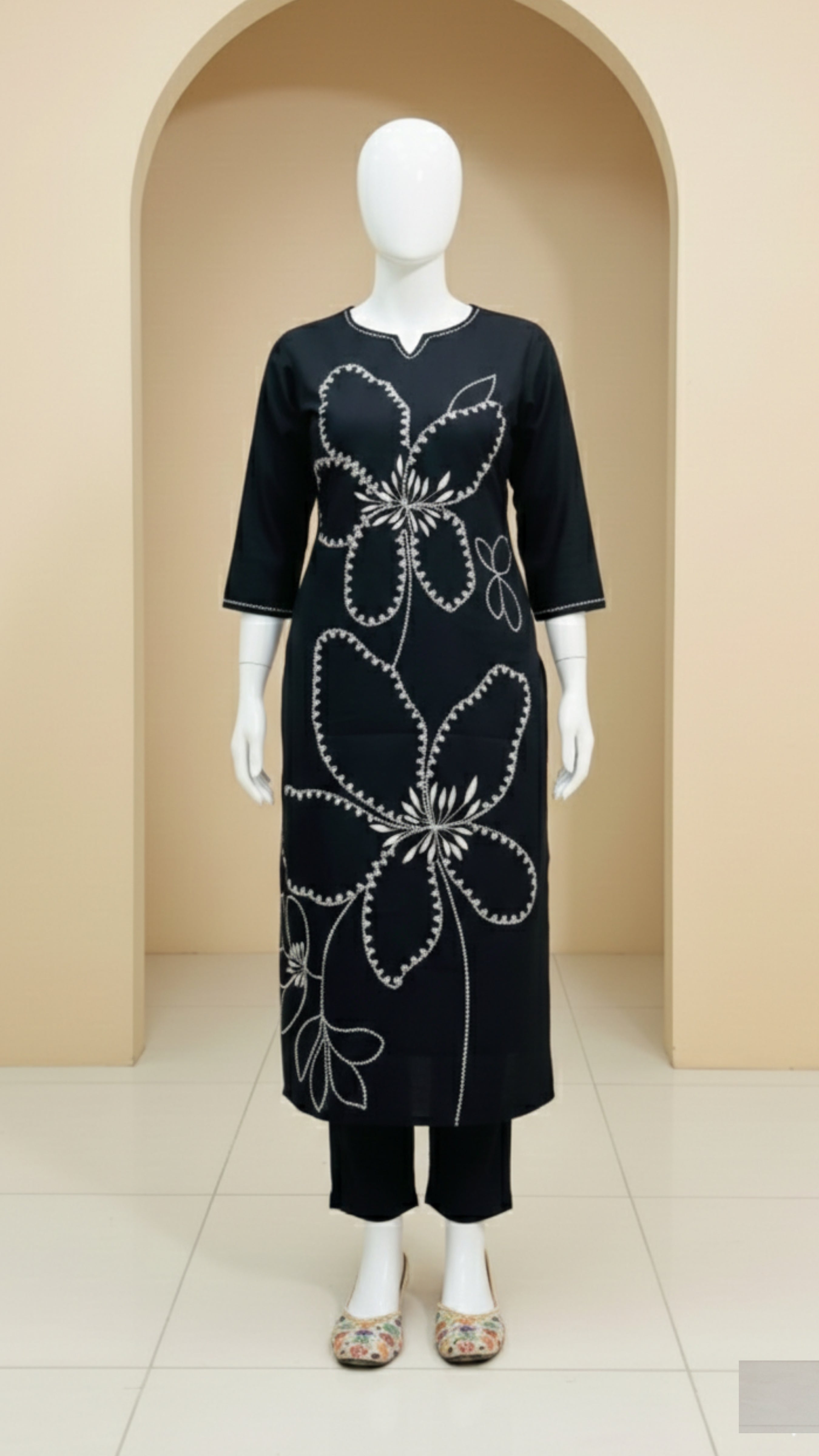 Green and Black Heavy Embroidery Cord Set | Women Floral Embroidered Thread Work Kurta with Palazzos